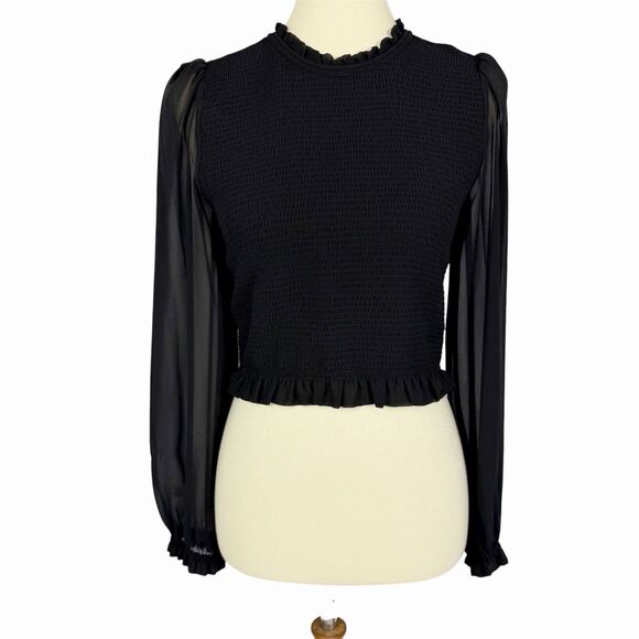 Aritzia Wilfred Tempest Blouse Sheer Long Sleeve Black Smocked Cropped Medium - Picture 2 of 13